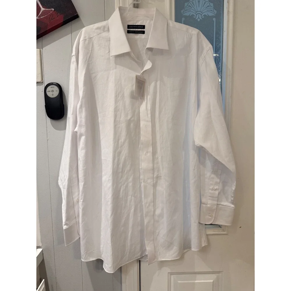 Saks Fifth Avenue Mens White Classic Fit Cotton Twill Dress Shirt 18 34/35